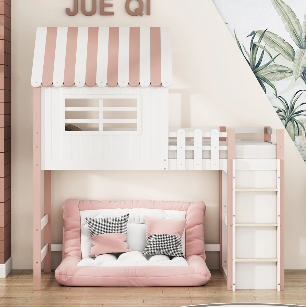 Letto a casetta 90x200 cm con scala di sicurezza e spazio contenitore in legno rosa