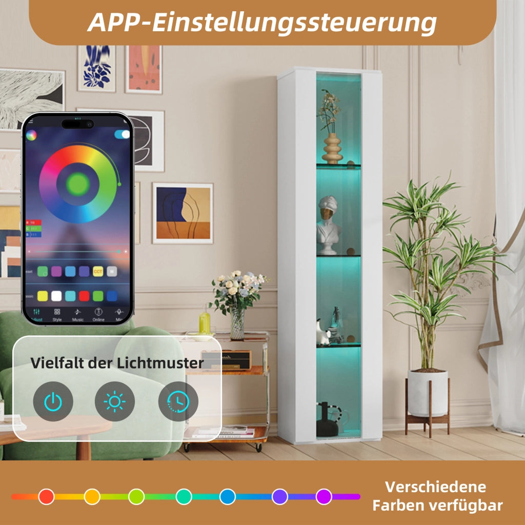 Vetrina con 4 ripiani e LED multicolore controllato da APP, pannello truciolare e acrilico, bianca 40 × 29 × 170 cm