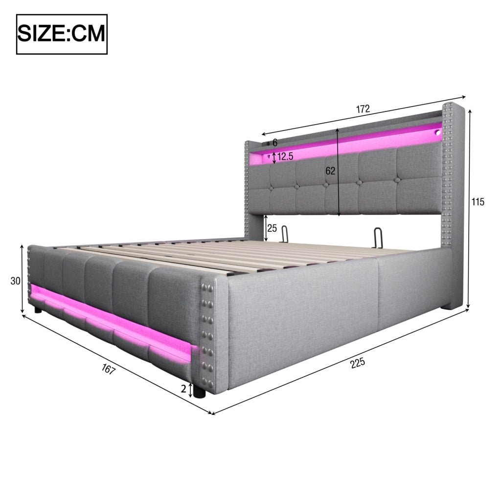 Letto matrimoniale imbottito 160x200 cm con LED; USB e contenitore; grigio chiaro in tessuto di lino