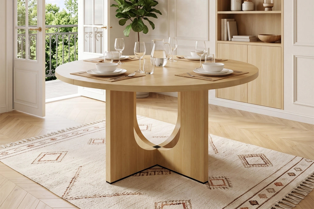 Tavolo da pranzo rotondo per 4-6 persone con design scandinavo in MDF colore rovere per interni diametro 120 cm