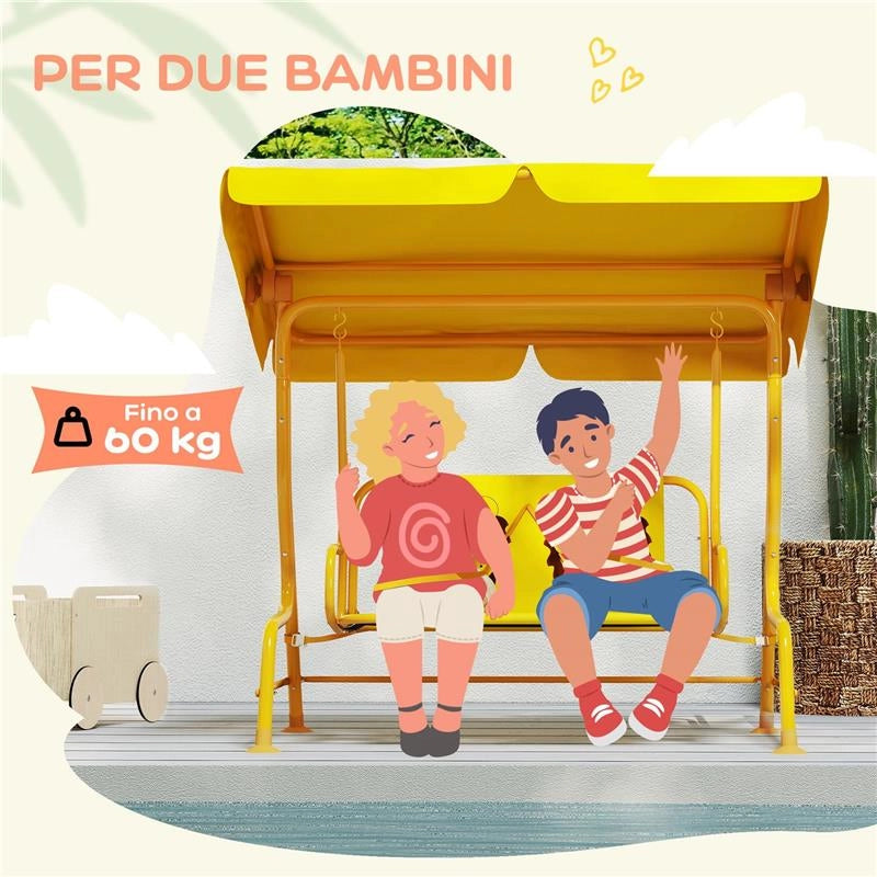 DONDOLO PER BAMBINI DA ESTERNO A 2 POSTI CON TETTUCCIO REGOLABILE E CINTURE DI SICUREZZA 112X75X120 CM GIALLO