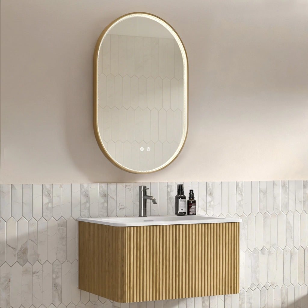 Mobile bagno con specchio con lavabo integrato e LED antiappannamento sospeso per bagno in MDF rovere