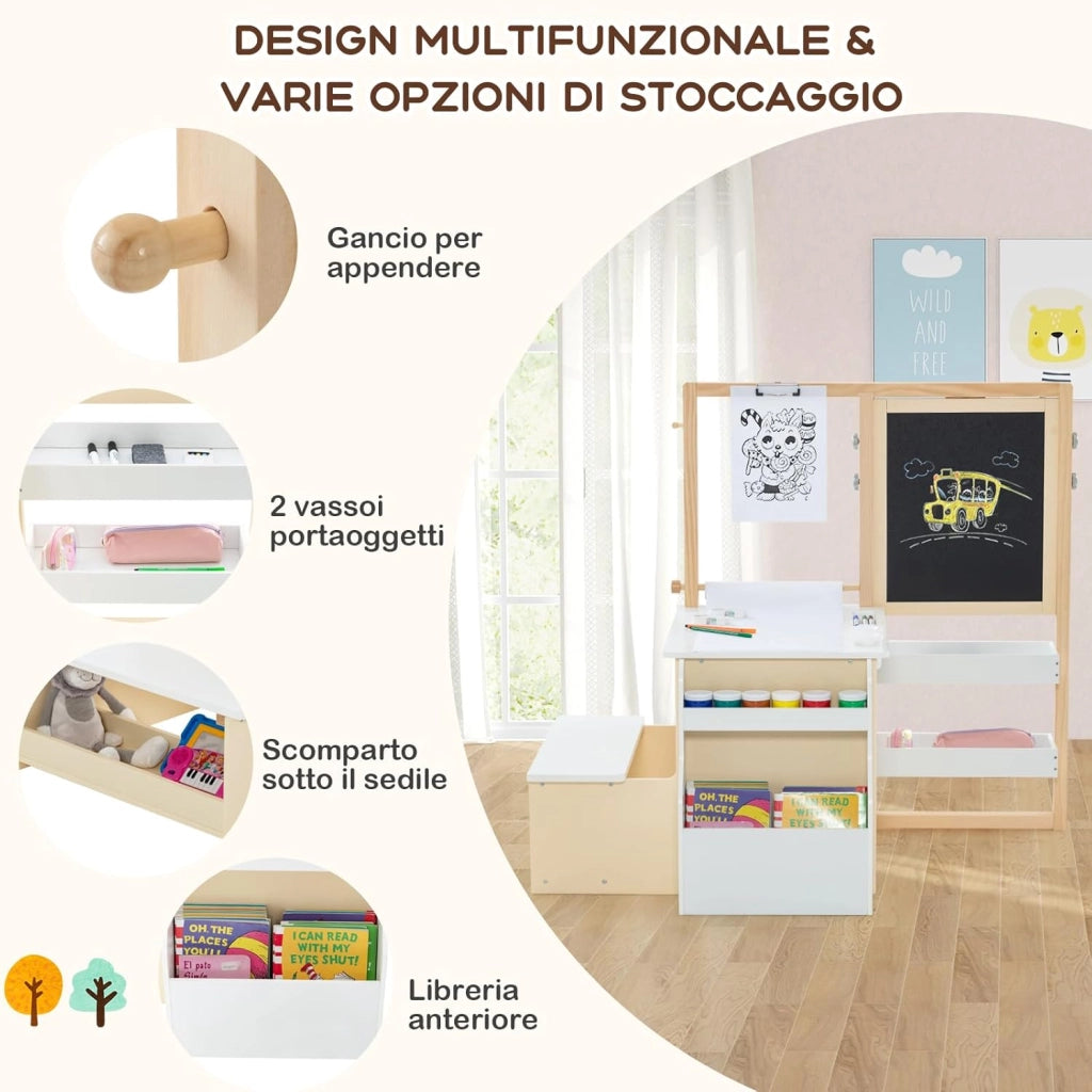 Set 3 in 1 Tavolo e Sedie per Bambini 3+ Anni, Tavolo in Legno Sicuro con Lavagna Cancellabile, Magnetica, Cavalletto Regolabile, Libreria e Accessori Artistici, Ideale per Disegno (Bianco)