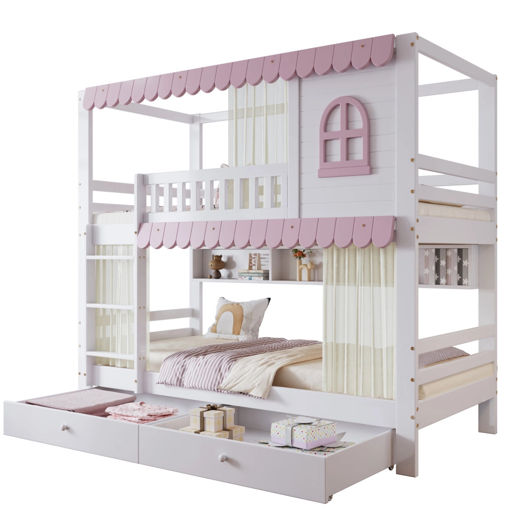 Letto a castello 90x200 cm con cassetti; ripiani e scala in legno bianco e rosa