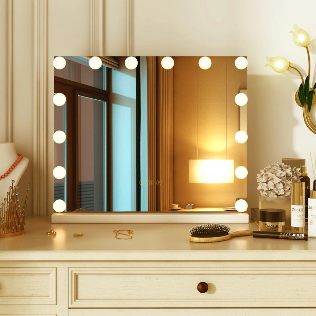 Specchio per trucco illuminato, Specchio stile hollywood con 14 luci LED e specchio con ingrandimento 5X Bianco-Specchi per il trucco