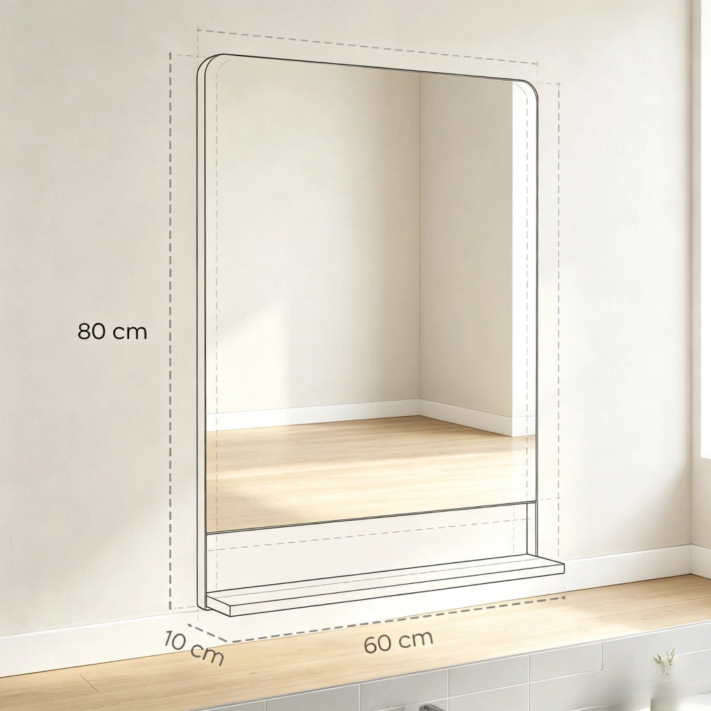 Specchio rettangolare da parete 80 x 60 cm, specchio moderno con cornice in metallo ed elementi in legno per soggiorno, bagno e corridoio (solo con sp