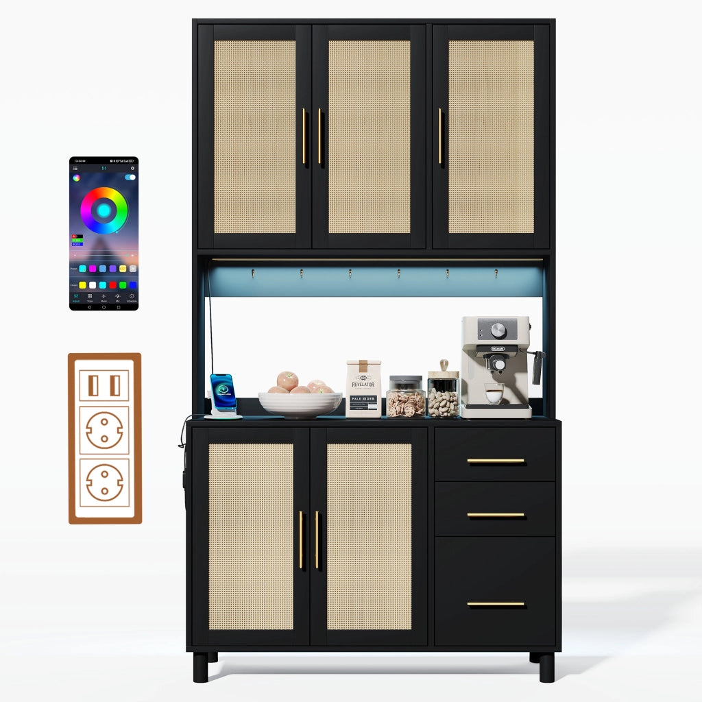 Mobile Dispensa 100x40x183 cm Nero con LED App; 2 Prese; 2 USB; 3 Cassetti e Ante Effetto Rattan