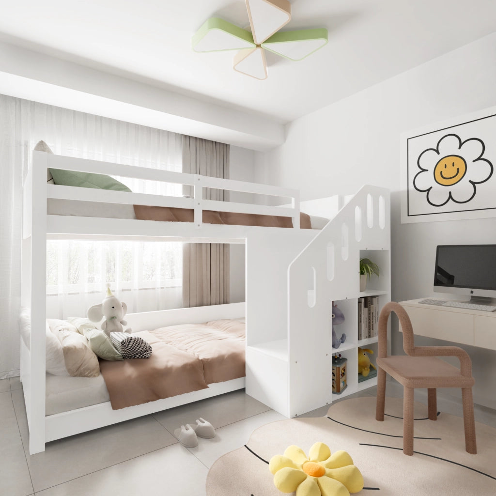 Letto a Castello 2 Posti con Scala Contenitore e Armadietti; 90×200 cm; senza Materasso; Bianco