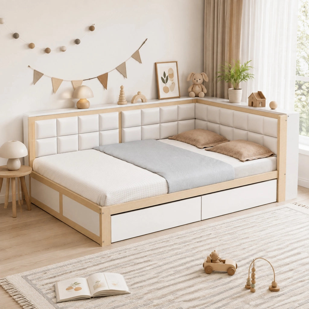 Divano letto in legno 140x200 cm con schienale imbottito e 2 cassetti; colore naturale