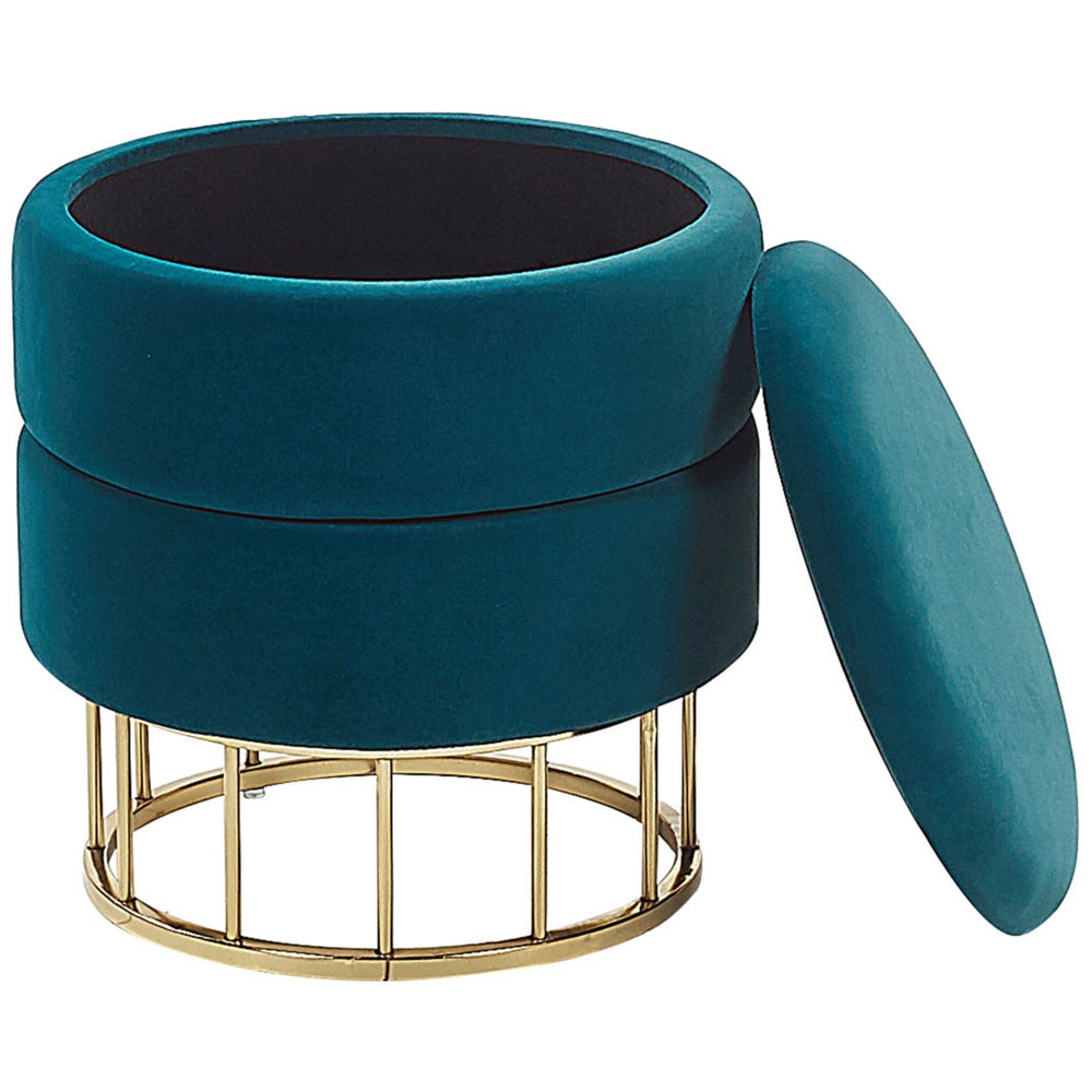 Pouf contenitore Rivestimento in velluto di poliestere blu turchese Base dorata Accessori per soggiorno dal design glamour
