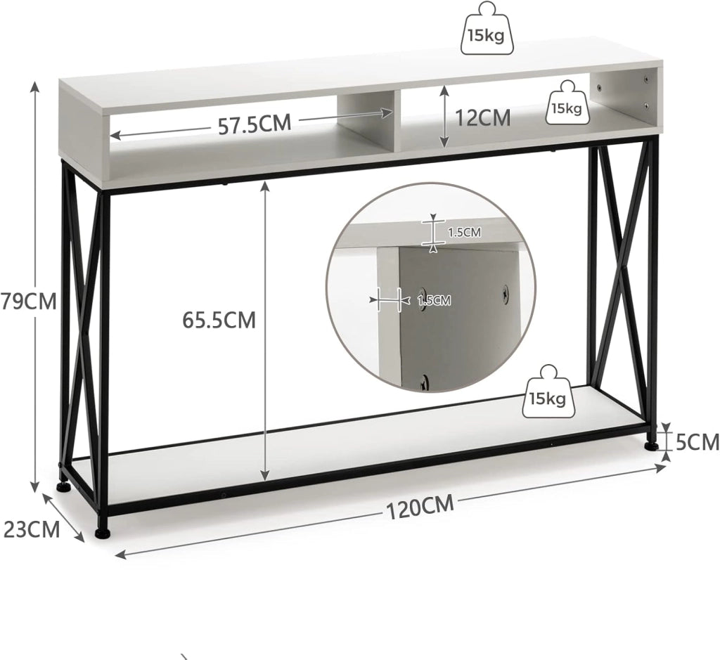 Tavolo Consolle Ingresso, Tavolini Stretto a 3 Ripiani, Salvaspazio e Multiuso, in Ferro, Industriale, Portata di 45 kg, 120x23x79cm, 3 Colori Disponibili, Nero/Bianco/Marrone