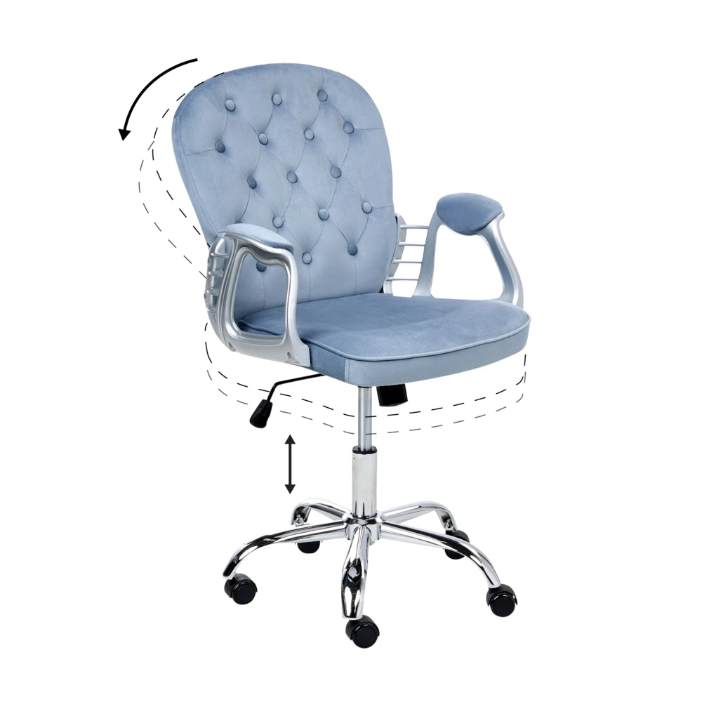 Sedia da ufficio in velluto azzurro con altezza regolabile e schienale trapuntato stile retrò moderno