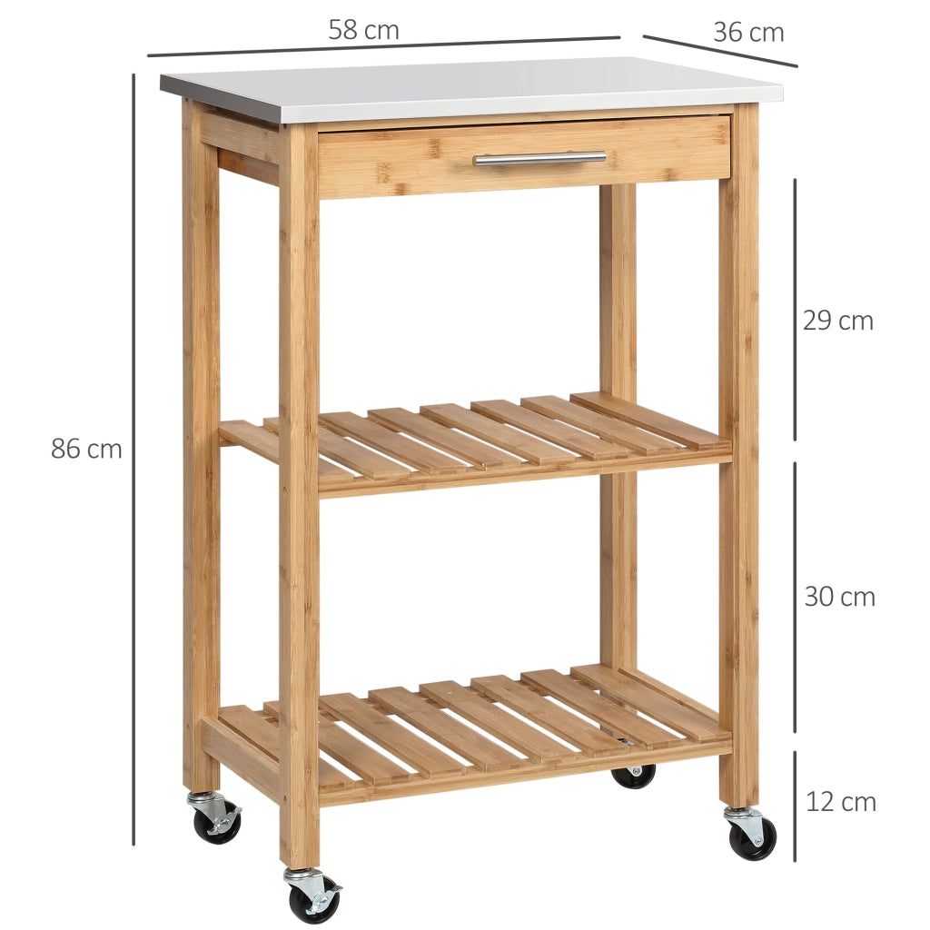 Carrello da Cucina con Piano in Acciaio Inox Cassetto e Mensole a Doghe in Bambù