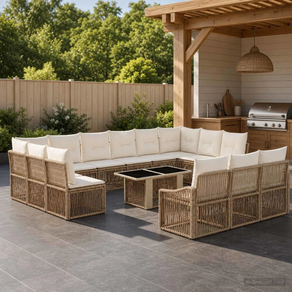 Set Divano da Giardino 14 pz Beige e Bianco Crema polyrattan 3437322