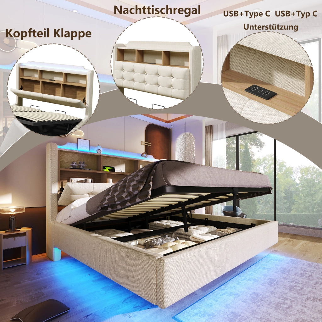 OKWISH Letto Contenitore 140×200 cm, Letto Matrimoniale con LED Regolabile, USB, Tipo C e Vano Idraulico, senza Materasso, in Lino Beige