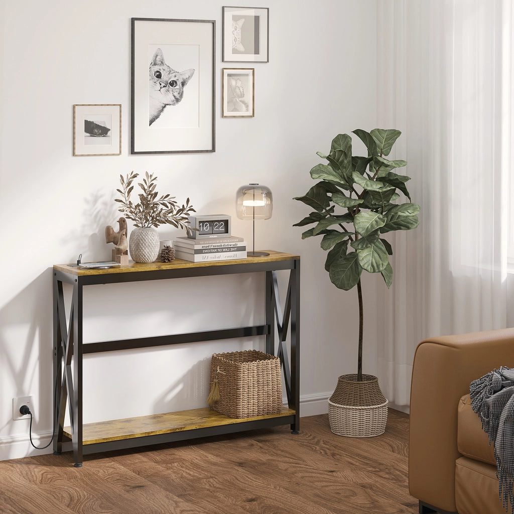 Consolle Ingresso 2 Ripiani con Stazione Carica USB ¨C zephmum ¨C Marrone 100x24x75 cm