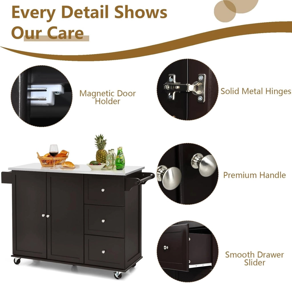 Isola da cucina mobile con piano di lavoro in acciaio inox, carrello da cucina con 3 cassetti e portasciugamani e ripiano regolabile, armadio da cucina su ruote, trolley da cucina 135 x 45,5