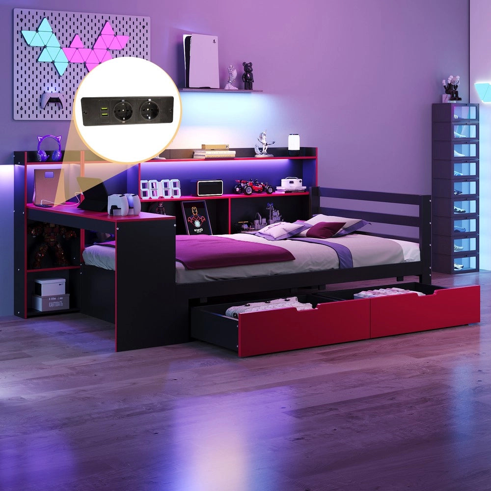 Letto multifunzionale con scrivania - Zephmum- 90x200 cm- Nero e rosso- Libreria, illuminazione integrata, prese