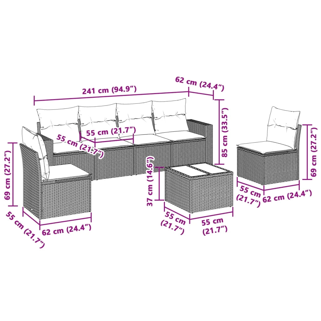 Set Divani da Giardino 7pz con Cuscini Grigio Chiaro Polyrattan