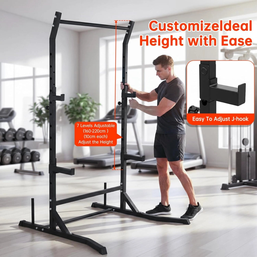 Power Cage Squat Rack - Rack di potenza multifunzionale per asta di casa, palestra, gancio a J regolabile e barre di sicurezza per trazioni con bilanciere