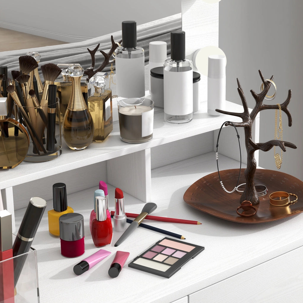 Consolle Trucco con Specchio e 10 Luci LED Stile Hollywood 80x40x135 cm in Melamina Bianco