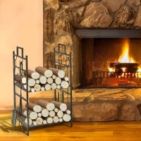 Portalegna in Ferro Battuto con Attrezzi per Camino, Manici e Base Rialzata, 51.5x33x77cm, Nero