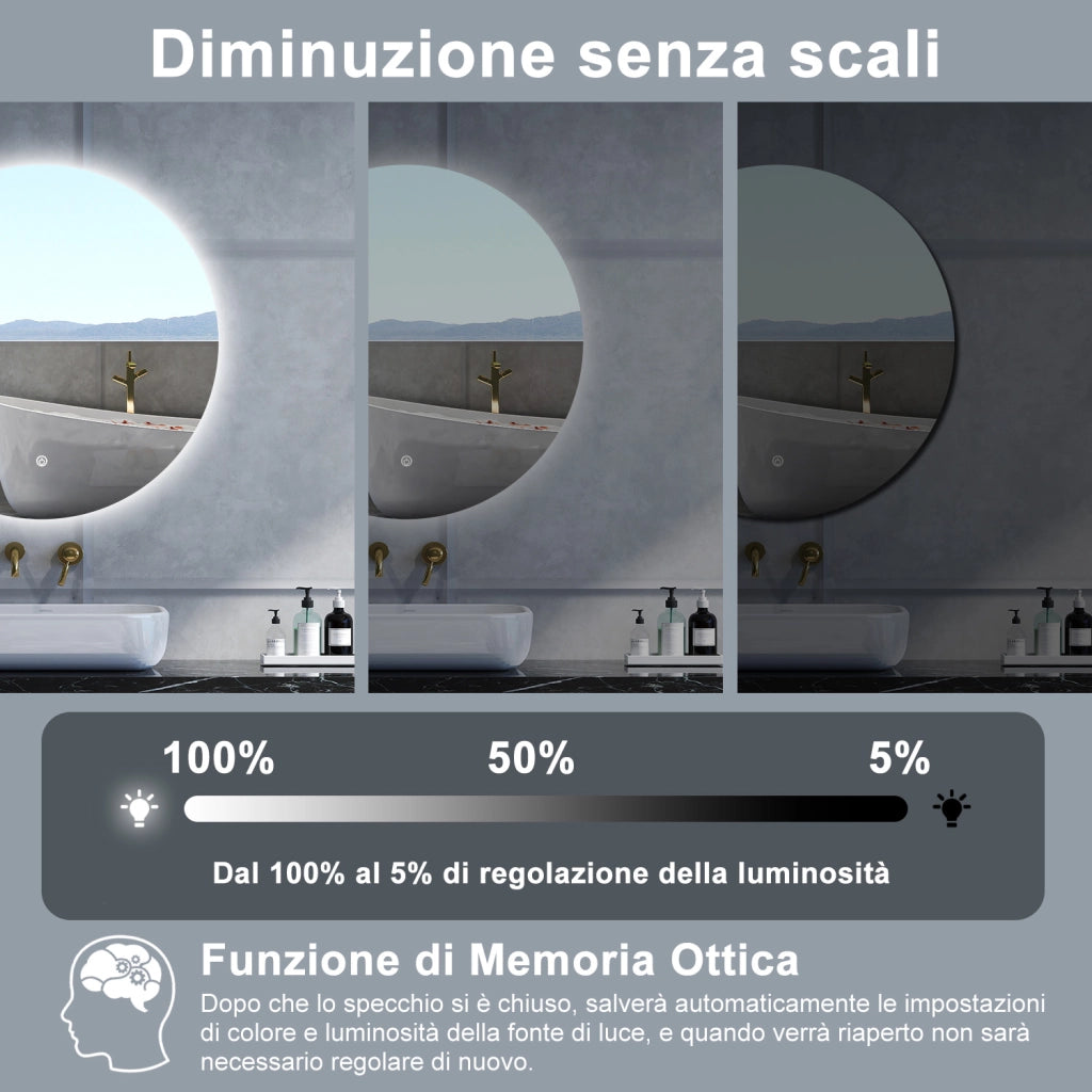 Specchio da bagno Rotondo con 60cm,Memoria, Antifog,Regorabile,Retroilluminato,doppio interruttore,