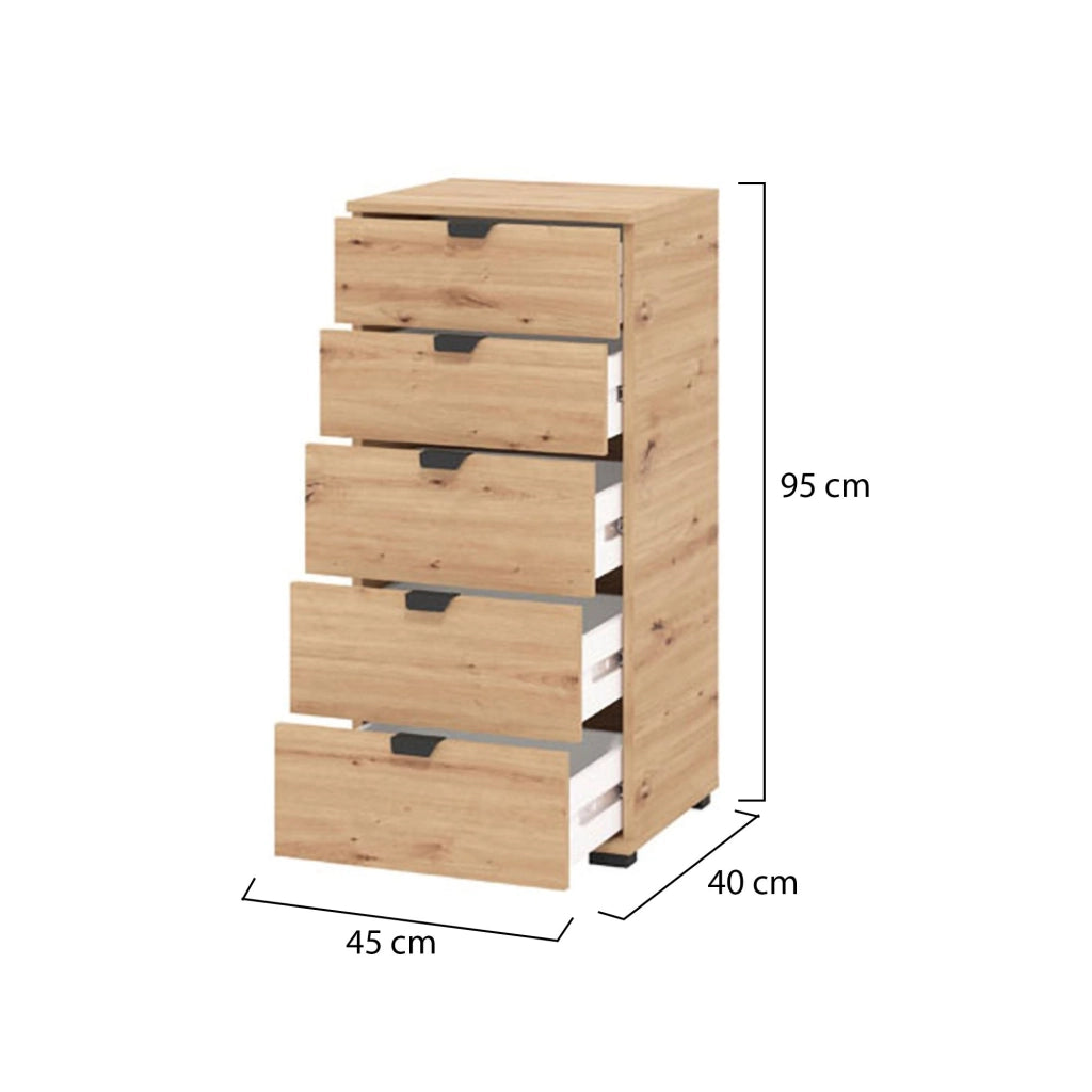 Mainarda, Cassettiera 5 Cassetti, 45x40x95h cm Marrone Rovere Nodi