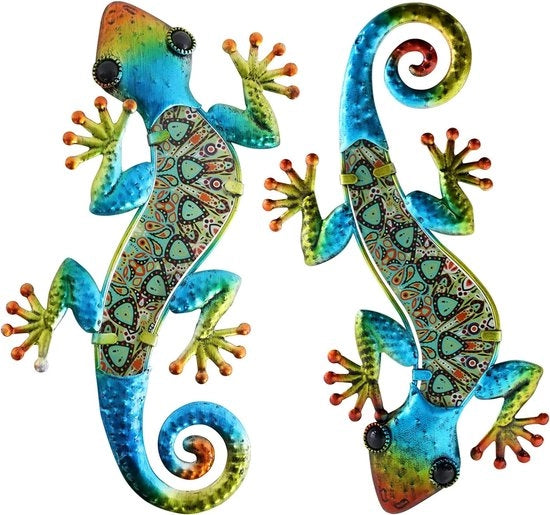 Decorazione di Muro Gecko Metallico - 2 pezzi - Verde - Metallo