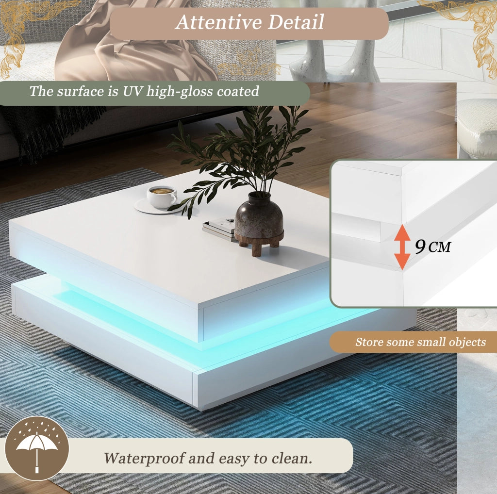 Tavolino da caffè quadrato con LED Bluetooth; 70 x 70 x 36 cm; truciolare bianco
