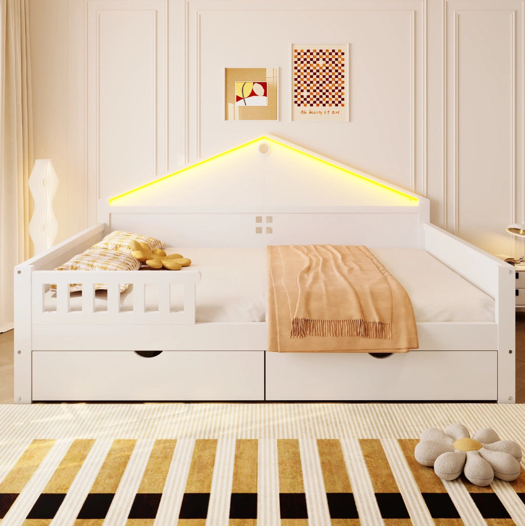 Letto singolo multifunzione 140x200 cm con LED e 2 cassetti; bianco; legno massiccio e MDF