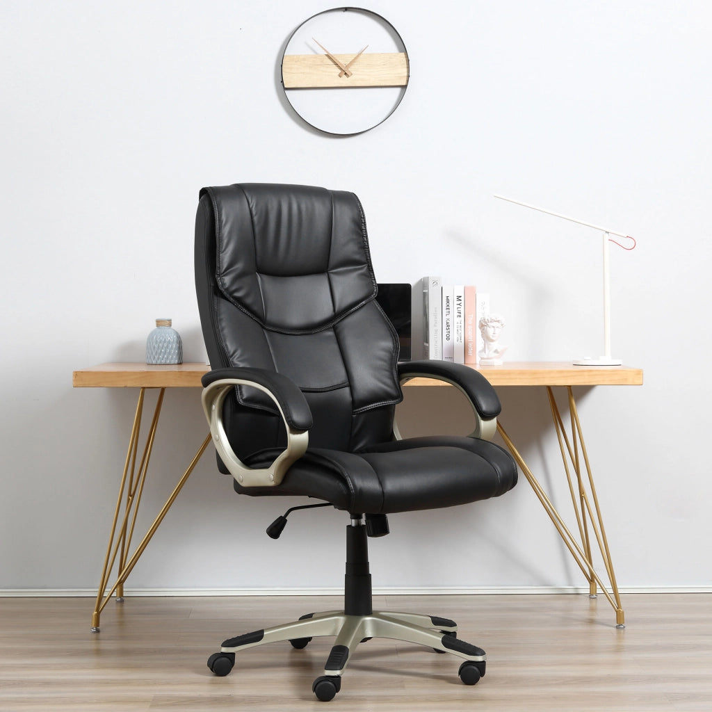 Sedia da ufficio girevole con altezza regolabile e funzione oscillante in ecopelle nera e metallo 70 × 58 × 114–124 cm