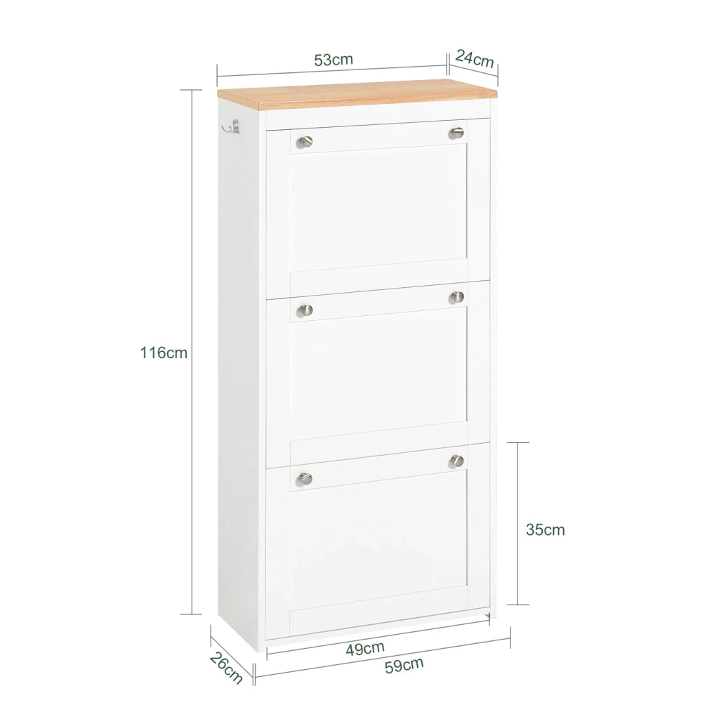 Scarpiera Ribaltabile, Scarpiera Con 3 Ribalte, Portascarpe Salvaspazio Con 2 Ganci, Bianco-Naturale 59x26x116cm FSR144-WN