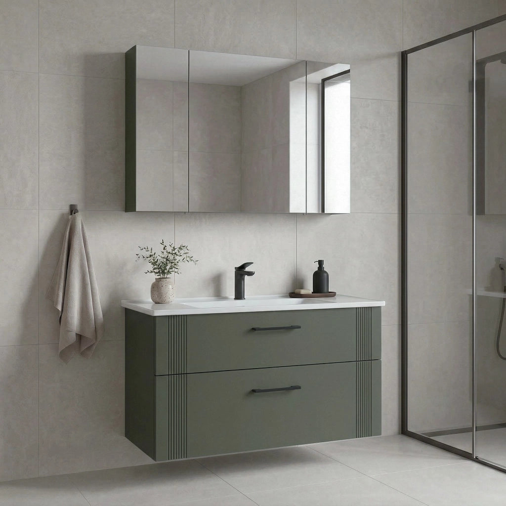 Set mobile lavabo con specchio (2 pezzi) "Bari 100 v2" - 100 x 45 x 55 cm - Verde opaco