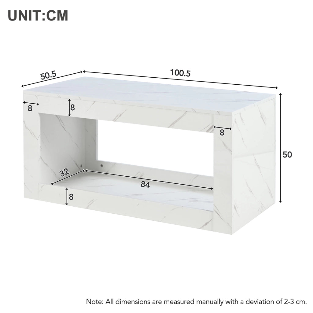 Tavolino da salotto LED con vano aperto; piano effetto marmo lucido; in truciolare; bianco; 100 × 50 × 50 cm