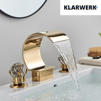 LENA | Rubinetto bagno 3 fori design oro lucido |  per lavabo ad arco alto in acciaio inossidabile | miscelatore 2 maniglie ristorazione