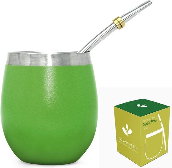 Yerba Mate - Set di the con Bombilla - Tazza doppia in acciaio inossidabile - 237 ml, verde