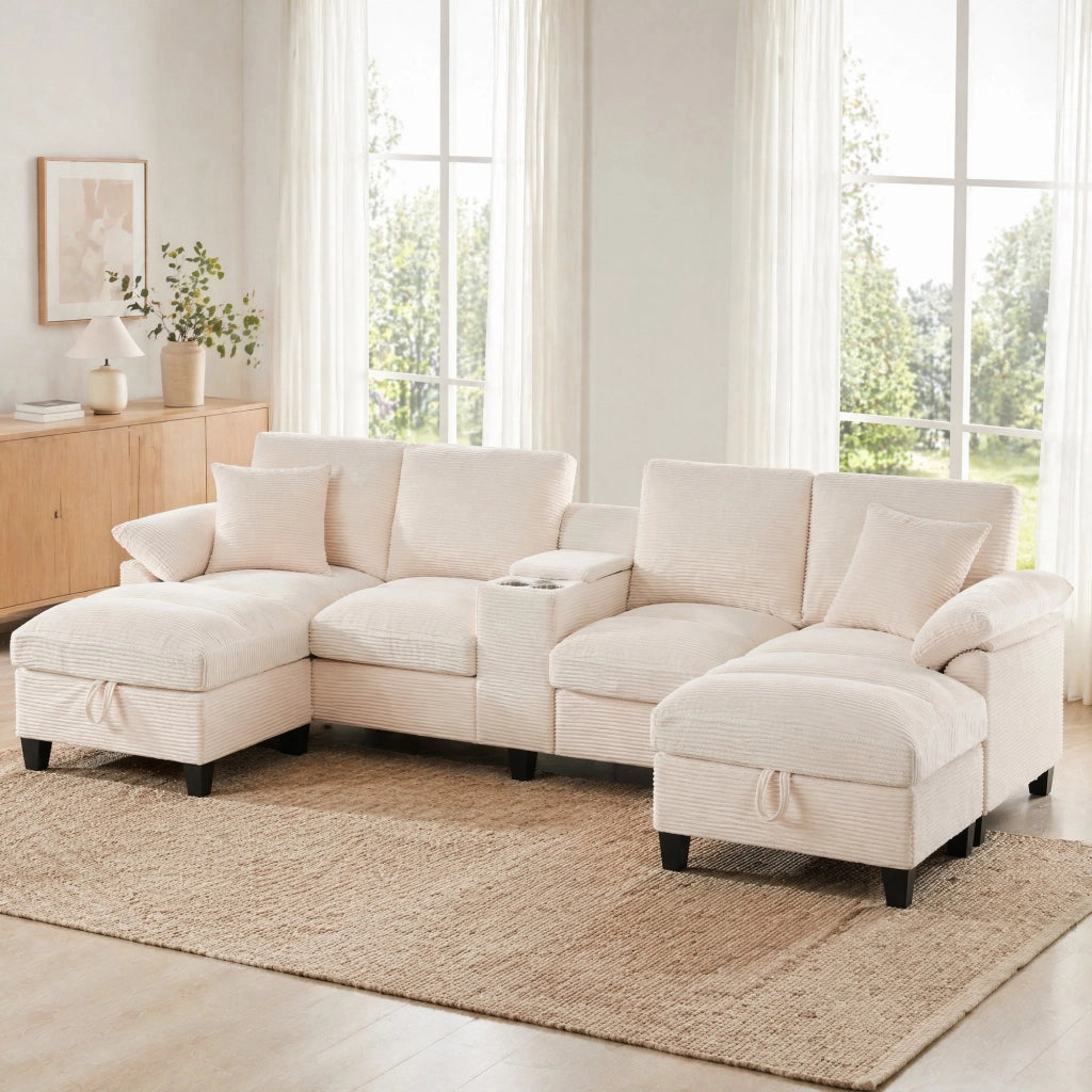 DIVANO angolare a U 293x142x93 cm in tessuto a coste beige con USB e portabicchiere
