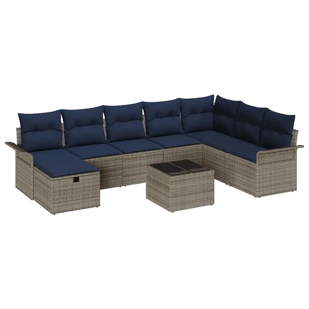 Set Divano da Giardino 9 pcs Grigio e Blu Navy polyrattan