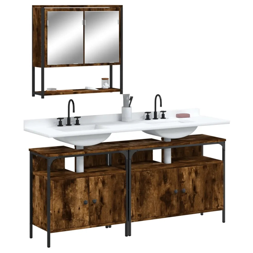 Set Mobili da Bagno | Armadio da bagno 3 pz Rovere Fumo in Legno Multistrato