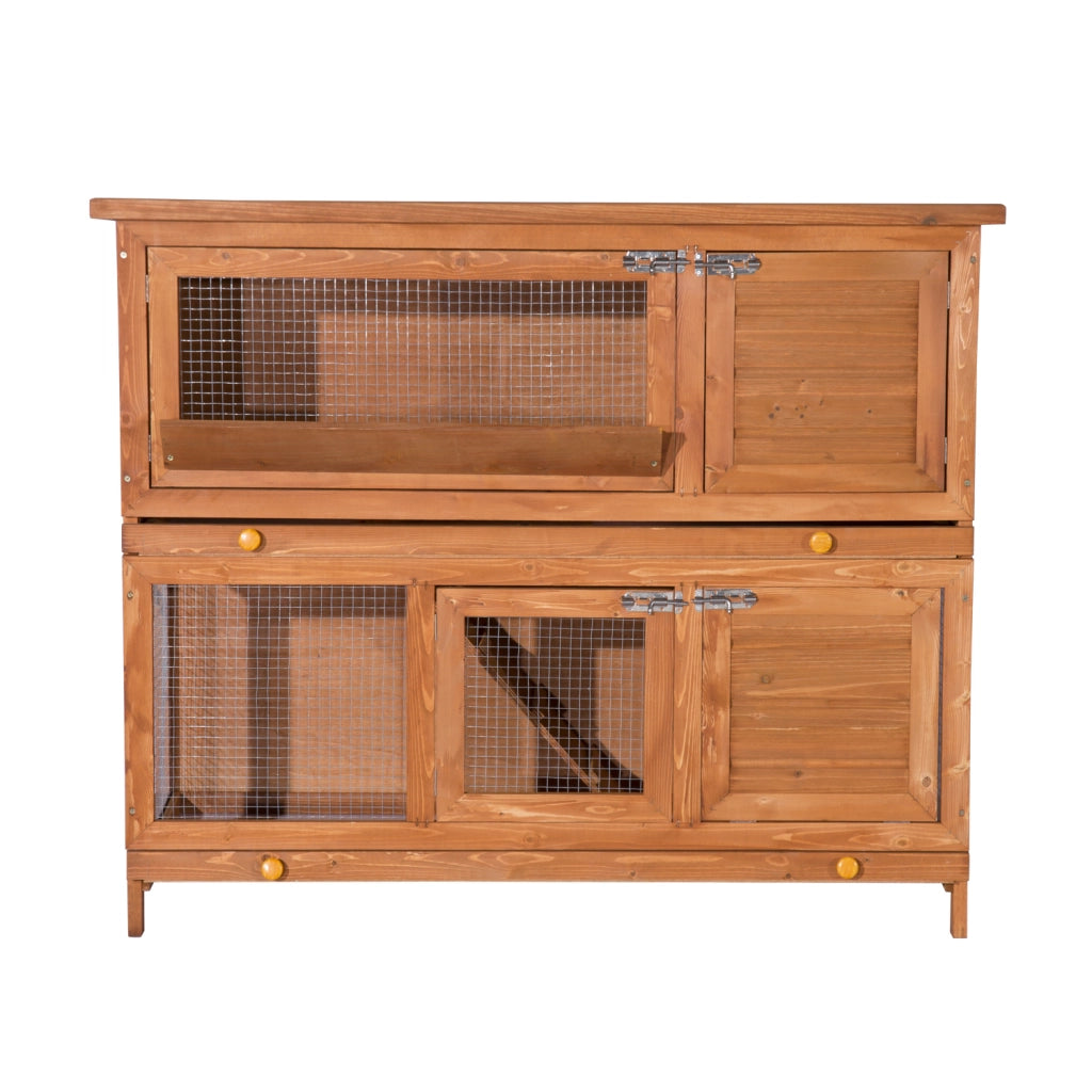 Gabbia per conigli e polli in legno di pino a 2 piani con mangiatoia e tetto apribile ¨C Xylo ¨C 120x48x100 cm
