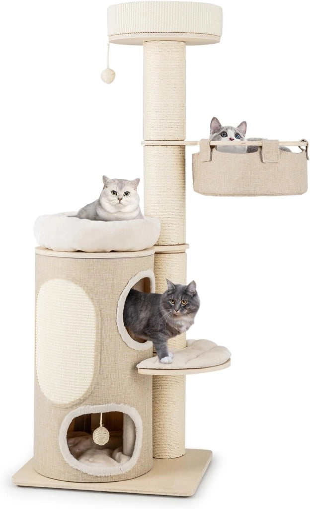 Albero per Gatti da 154 cm, Torre per Gatti Multi-livello con Condominio a 2 Piani, Ampio Piazzale, Tiragraffi in Sisal, Moderno Centro Giochi per Gattini