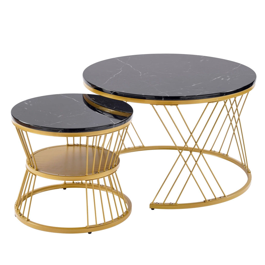 Tavolino da Caff¨¨ Rotondo Set 2 Pezzi ¨C Xylo ¨C Effetto Marmo, Struttura Dorata, Design Moderno