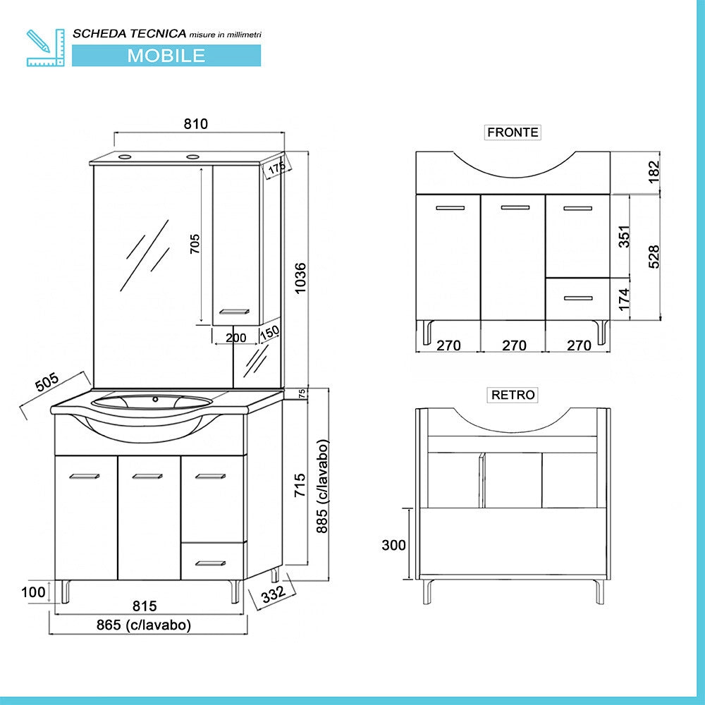 Mobile bagno da terra 85 cm rovere ghiaccio con pensile specchio e luce LED