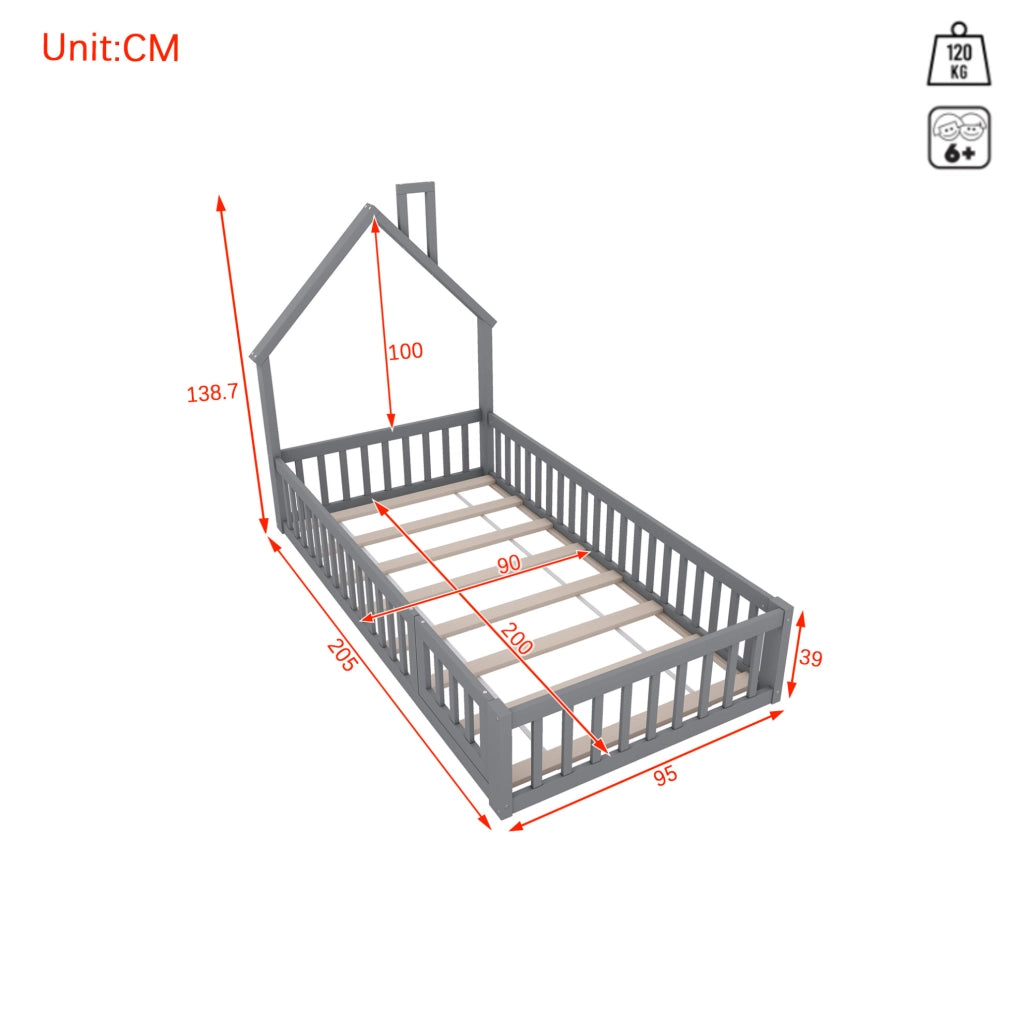 Letto casa bambini 90x200 cm; design camino; legno e MDF; grigio (Senza materasso)