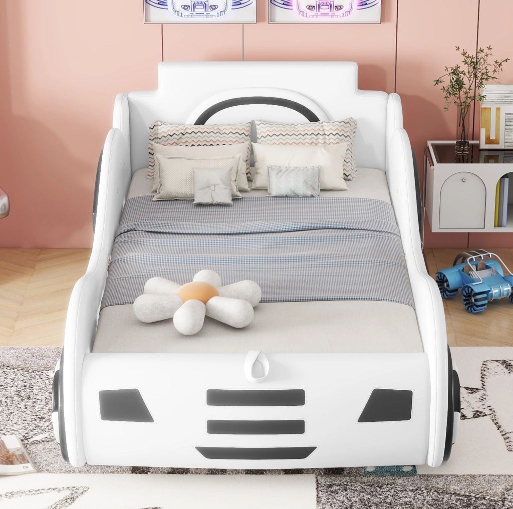 Letto auto bambini 90x200 cm con rete a doghe e contenitore; PU; bianco