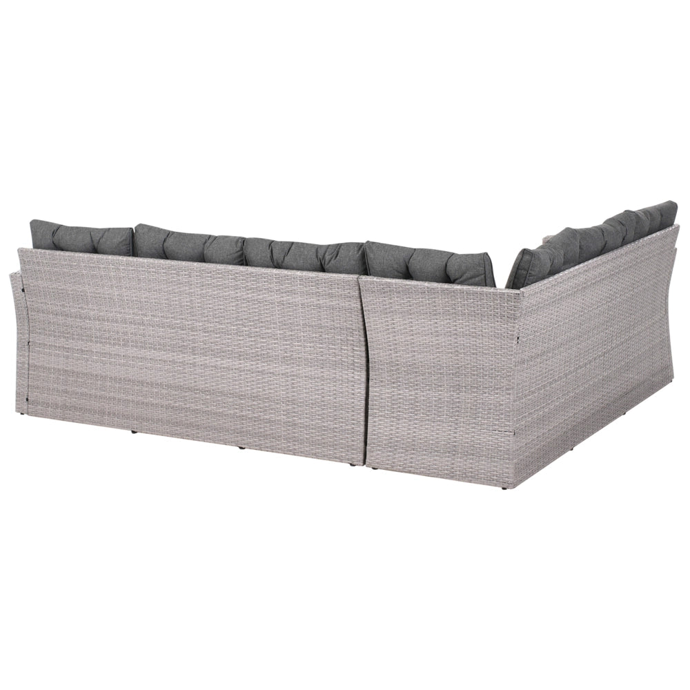 Set da pranzo ad angolo da giardino grigio finto rattan con cuscini divano panca tavolo rettangolare piano in vetro 80 x 145 cm vimini