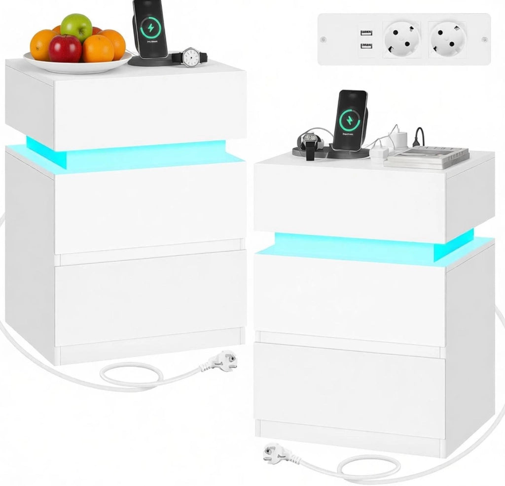 Set 2 comodini bianchi con LED, prese USB e 2 cassetti