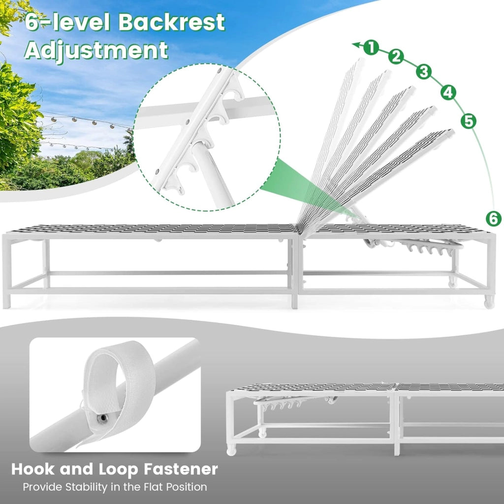 Sedia a sdraio, regolabile in 6 posizioni, con struttura in metallo e ruote, sedia da giardino portatile per spiaggia, giardino e piscina, lettino da esterno, 200 x 68 x 32 cm, portata fino a