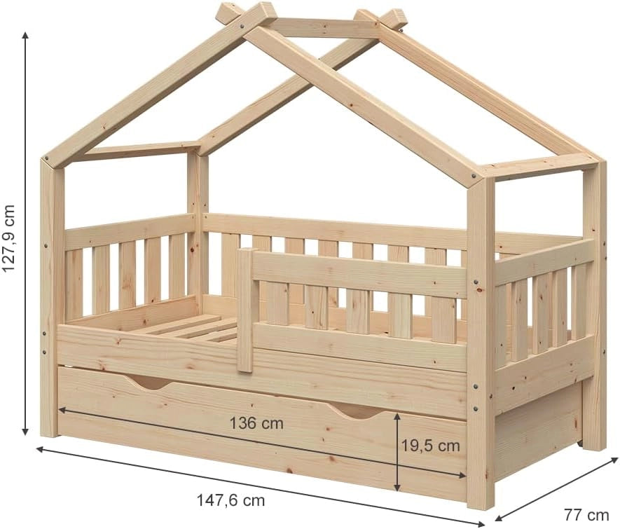 Letto montessori bambini Design, Legno naturale, 70x140 cm con cassetto, adatto per materassi fino a 10 cm di altezza, montaggio semplice